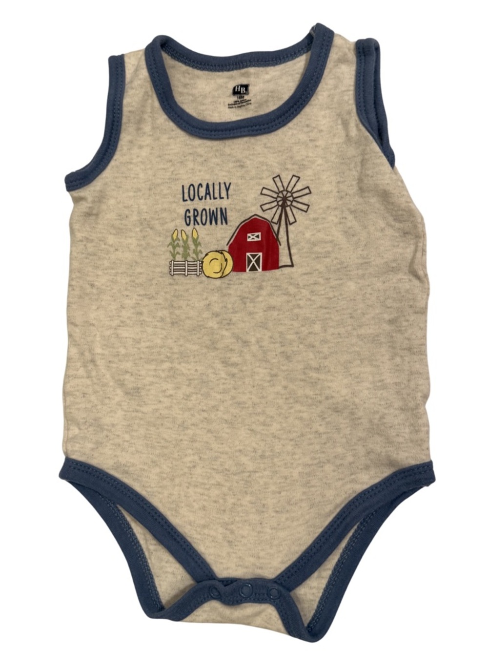 HB Baby Boy Farm “Locally Grown” Tank Bodysuit 18M Cotton Barn Neutral Blue Trim